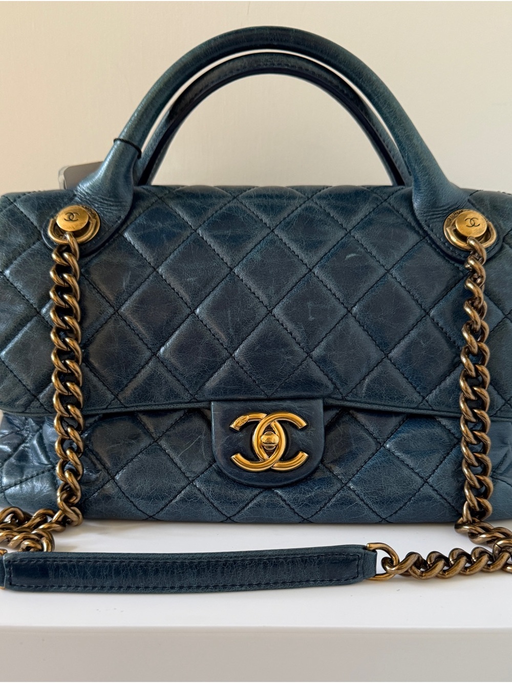 CHANEL Quilted Shoulder Top Handle Bag in Dark Teal with Gold Hardware